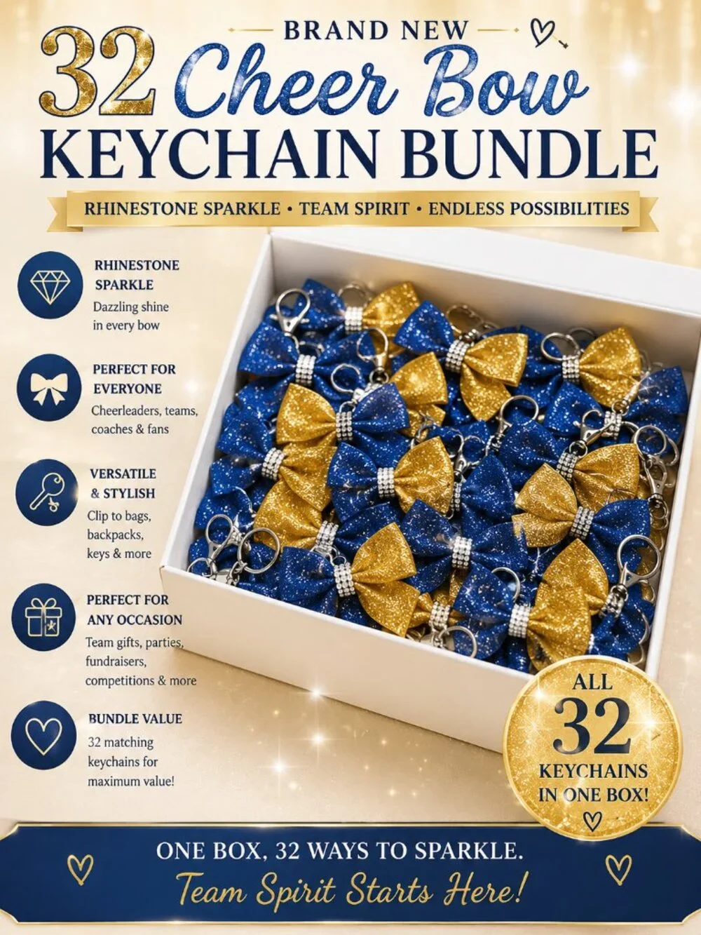 32 Cheer Bow Keychains Rhinestone Bulk Reseller Lot New in Box Team Gifts